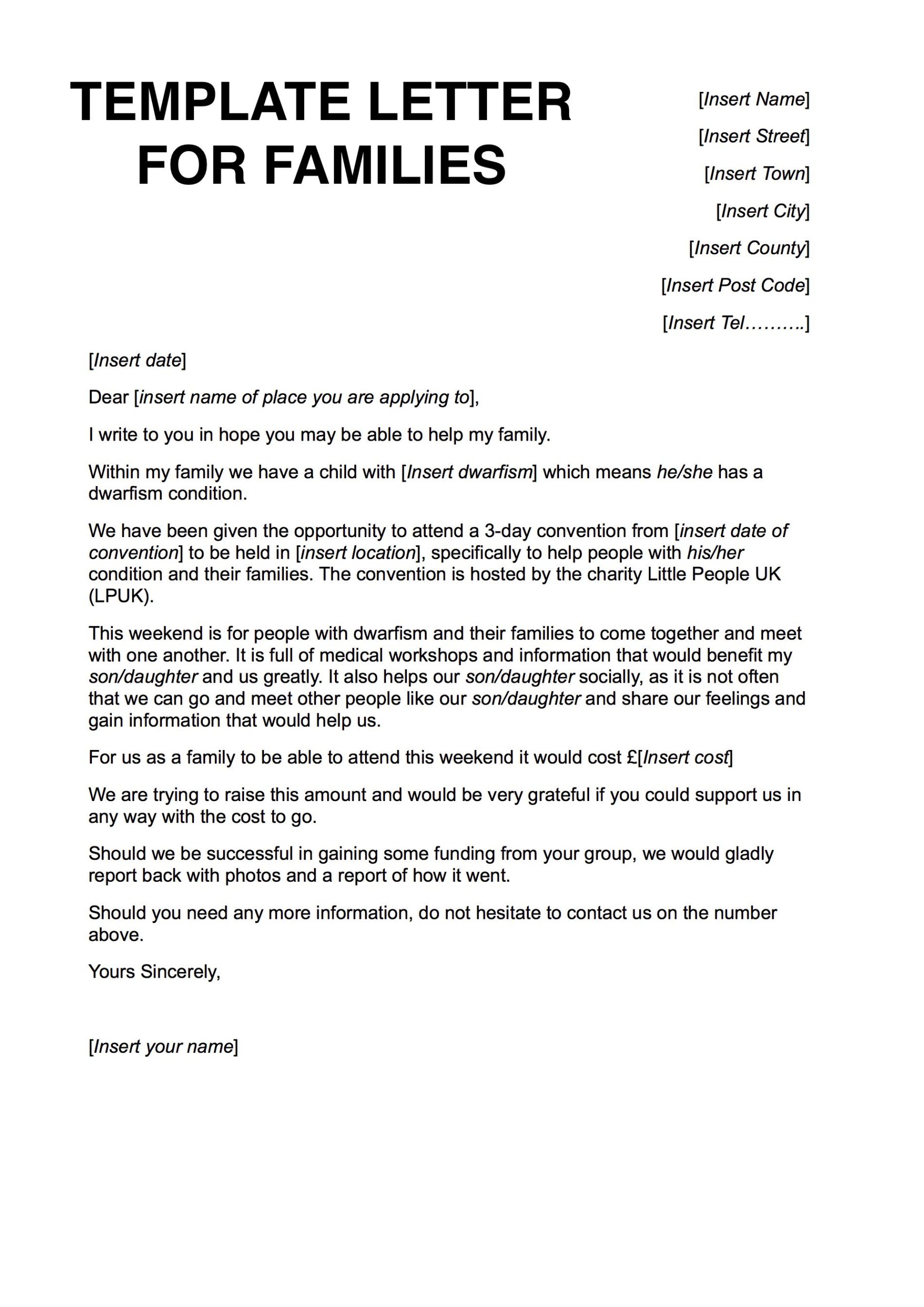 Template letter for family funding