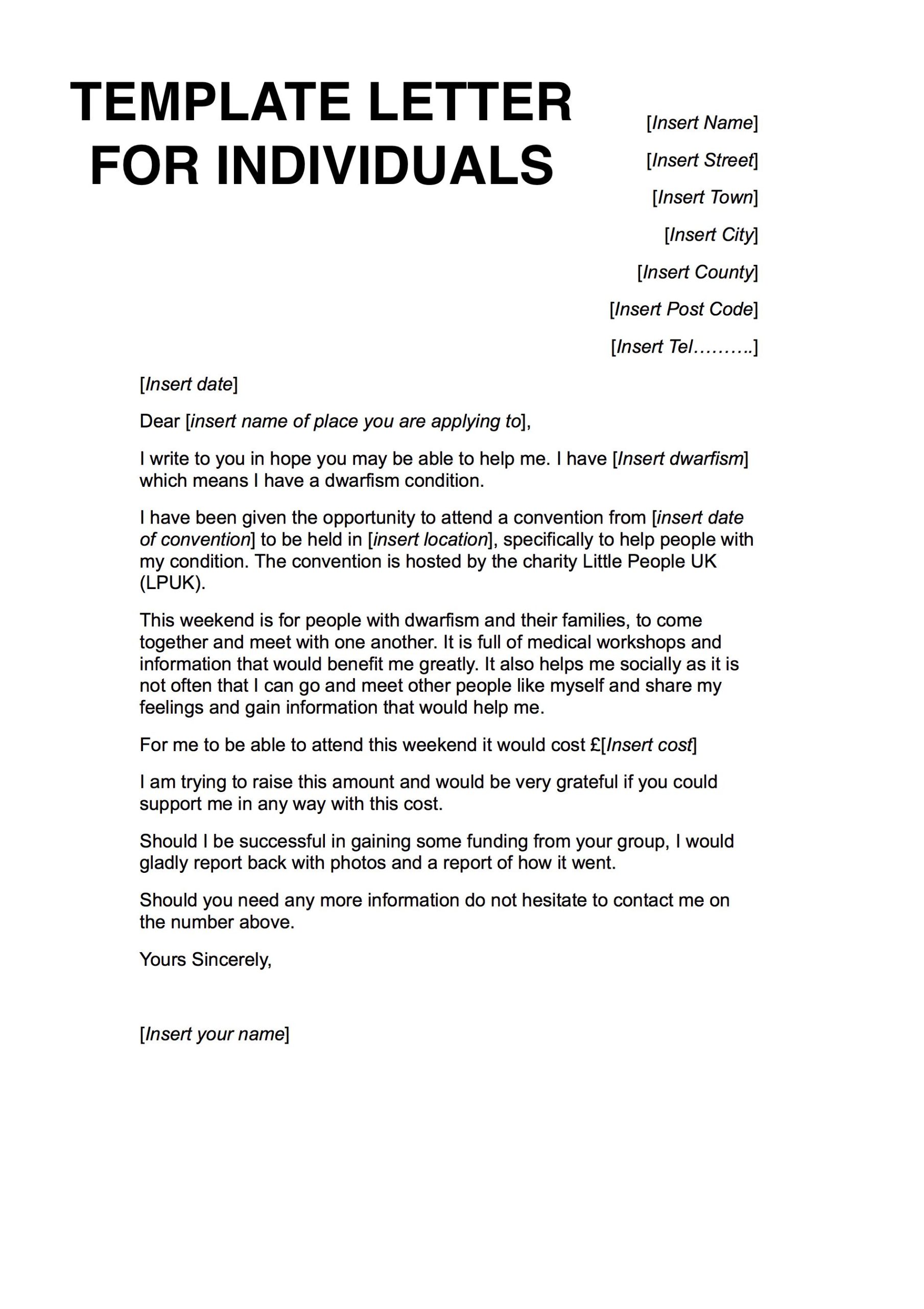 Template letter for individuals funding